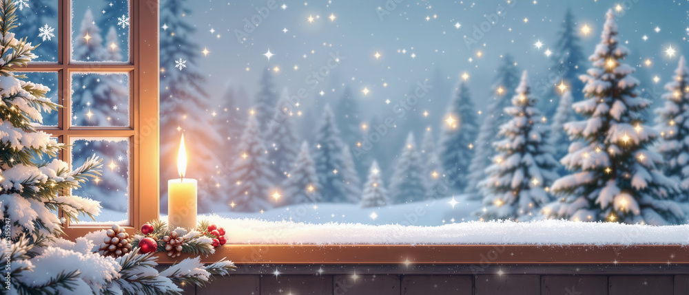 Fototapeta premium Magical winter window banner with copy space