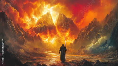 A vivid apocalyptic vision of the almighty god marching across the earth causing the mountains to tremble and the rivers to split before his divine power and majesty. Omniscient. Illustration