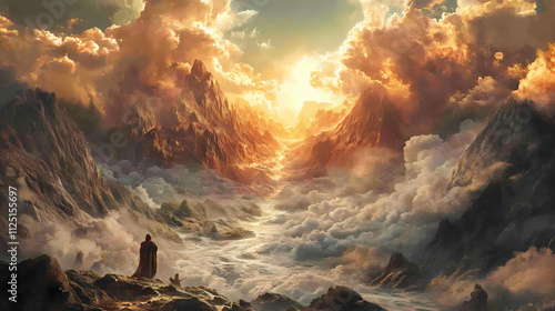 A vivid apocalyptic vision of the almighty god marching across the earth causing the mountains to tremble and the rivers to split before his divine power and majesty. Omniscient. Illustration photo