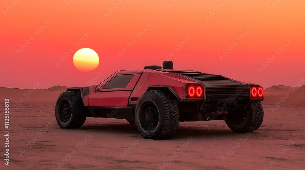 A striking red off-road vehicle stands against a stunning sunset in a vast desert landscape, showcasing adventure and freedom in rugged terrain. A striking red off-road vehicle stands against a stunning sunset in a vast desert landscape, showcasing adventure and freedom in rugged terrain.
