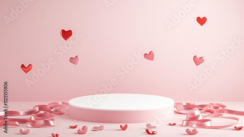 A blank podium mockup with Valentine's Day themed props like scattered hearts, ribbons, and a soft pastel pink background