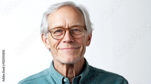 A portrait of a senior man with grey hair and glasses, smiling warmly, isolated on a white background for a professional look.