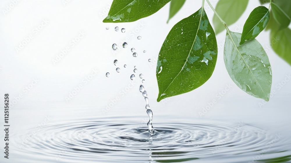 Fresh green leaves above rippling water with droplets falling. Fresh green leaves above rippling water with droplets falling.