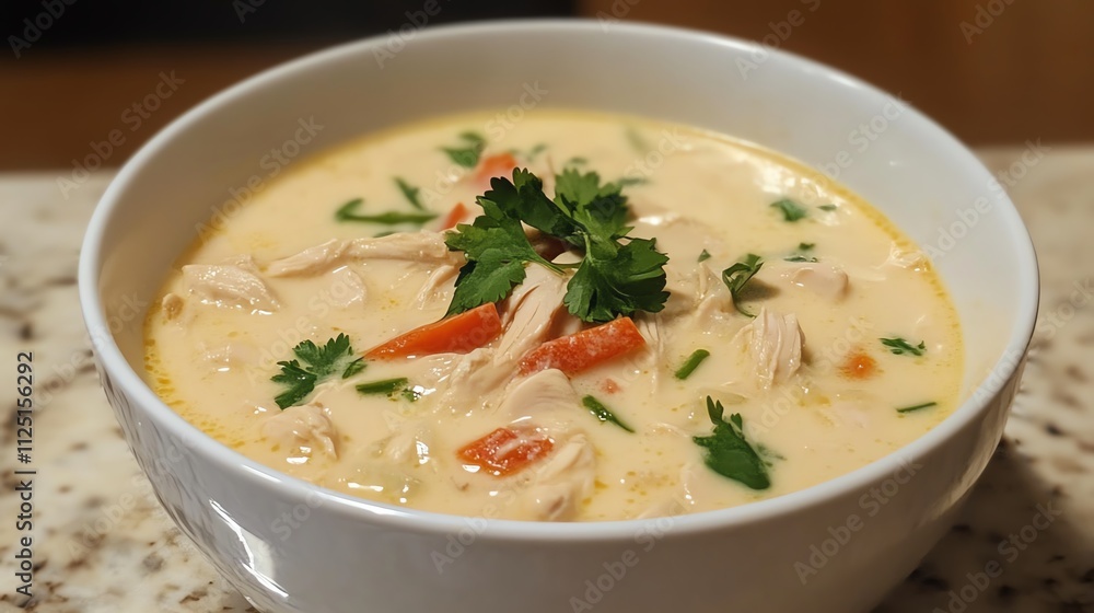 Delicious creamy chicken soup in a bowl. Delicious creamy chicken soup in a bowl.