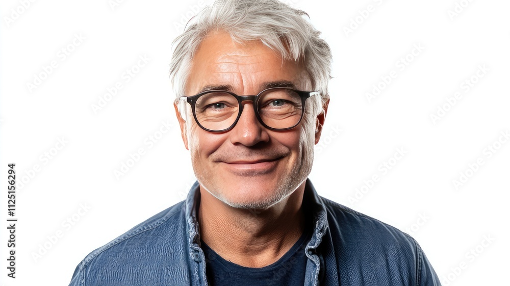 A senior man with grey hair and glasses, smiling warmly while looking confidently at the camera, isolated on a white background. A senior man with grey hair and glasses, smiling warmly while looking confidently at the camera, isolated on a white background.