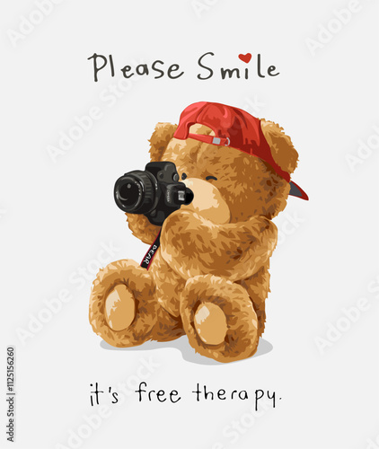 please smile slogan with bear doll holding camera vector illustration