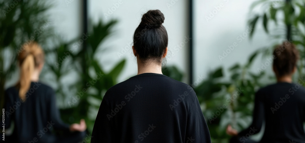 meditation space, people meditating in a sunny studio with big windows, indoor plants, and gentle lighting meditation space, people meditating in a sunny studio with big windows, indoor plants, and gentle lighting