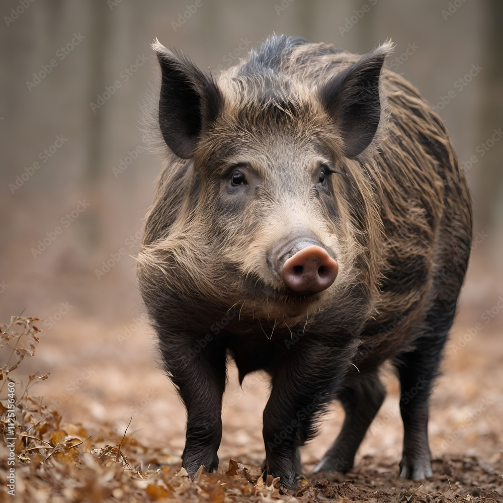 Wild boar moving through a forest clearing with fallen leaves in the background Wild boar moving through a forest clearing with fallen leaves in the background
