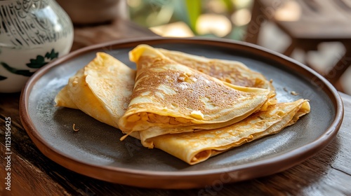 Delicious golden pancakes on a rustic plate. photo