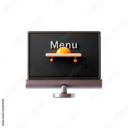 This image showcases a 3D rendered monitor with a stylized menu icon featuring a sun element. The design is modern and minimalistic. photo