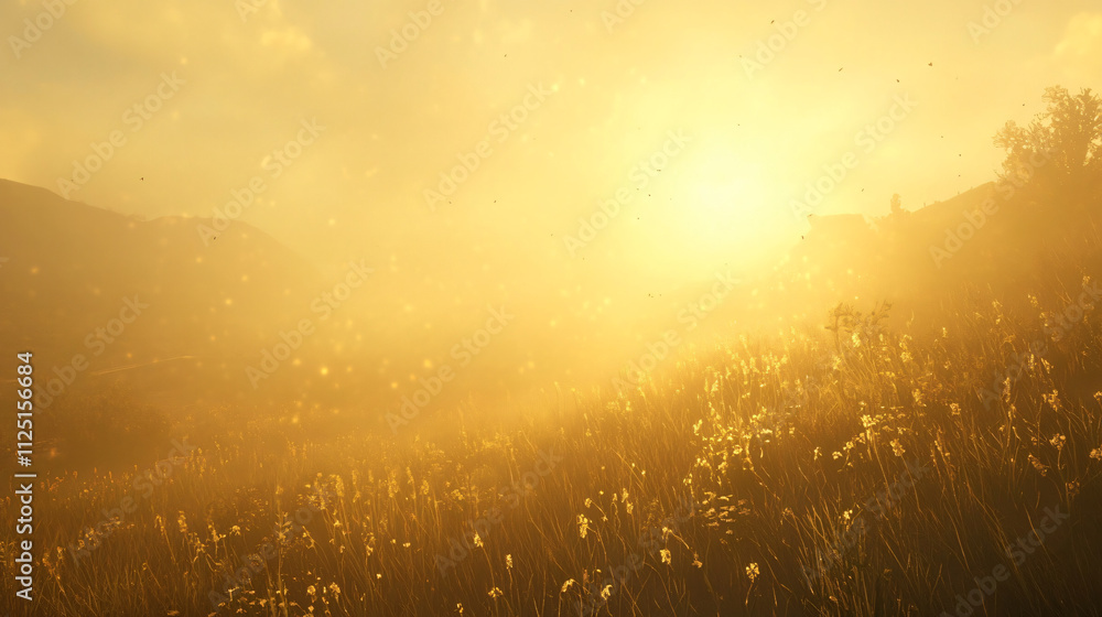 Obraz premium Golden sunlight piercing through foggy meadows, creating a hazy glow.