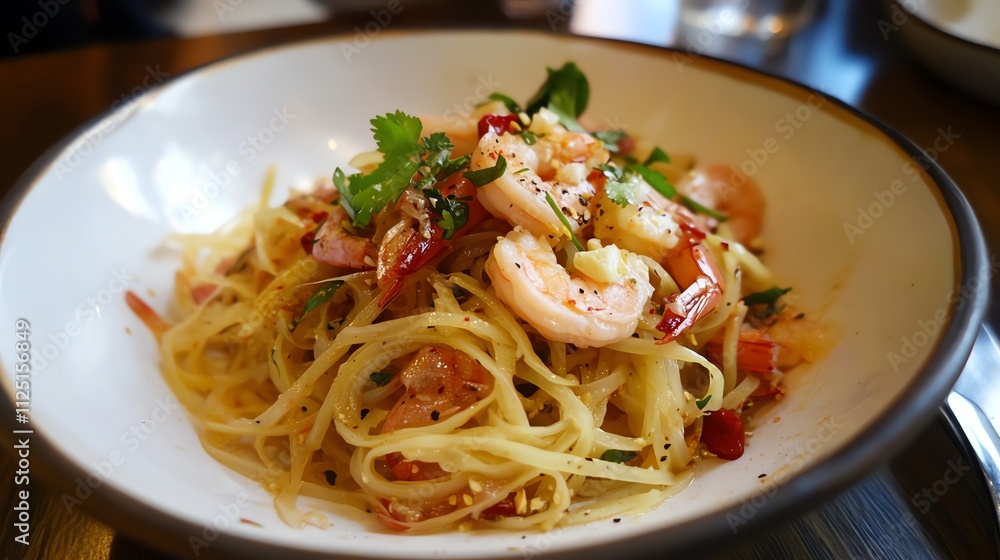 Delicious shrimp pasta garnished with herbs Delicious shrimp pasta garnished with herbs