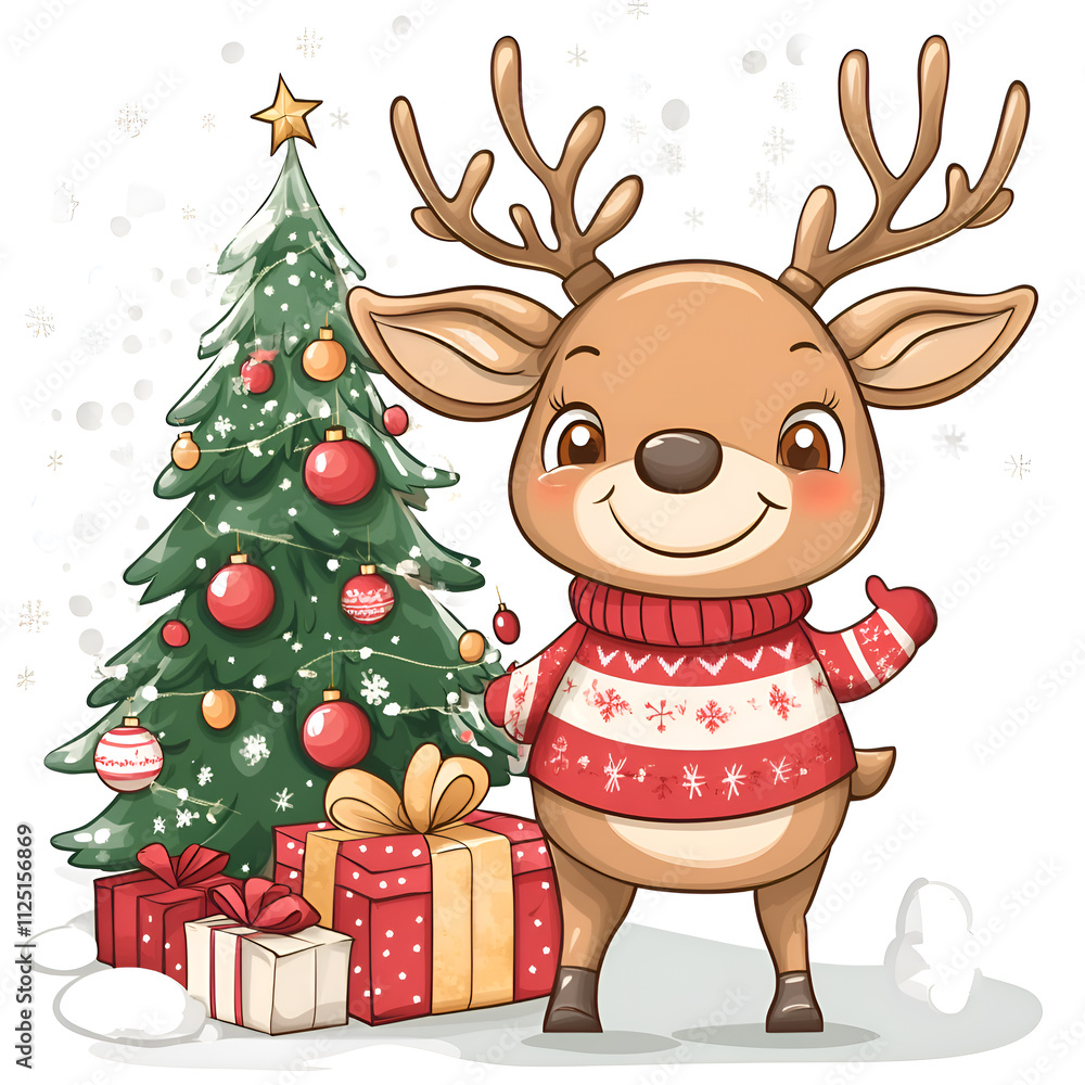 Sticker depicting a smiling reindeer with big eyes and antlers on his head, sitting next to presents on snow. Sticker depicting a smiling reindeer with big eyes and antlers on his head, sitting next to presents on snow.