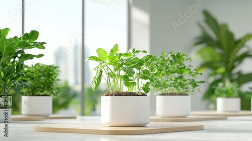 Indoor plants in modern pots with a bright, airy background.