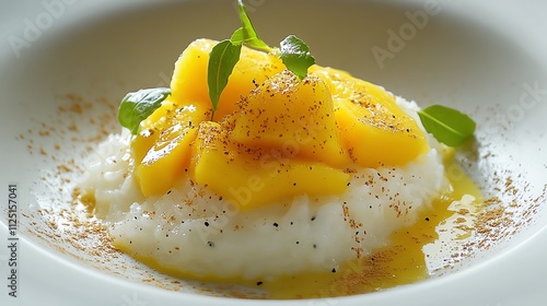 Delicious mango dessert served with cream. photo