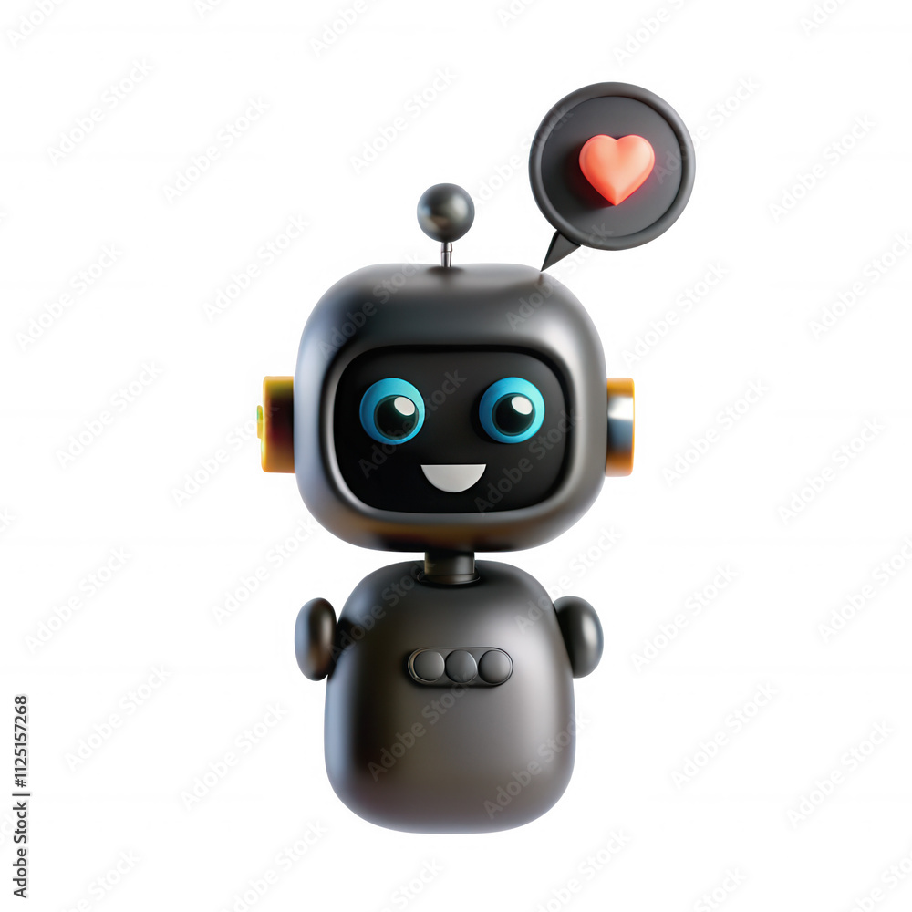 A cute 3D robot character with a black body, blue eyes, and a heart symbol in a speech bubble, conveying a friendly and loving emotion. A cute 3D robot character with a black body, blue eyes, and a heart symbol in a speech bubble, conveying a friendly and loving emotion.