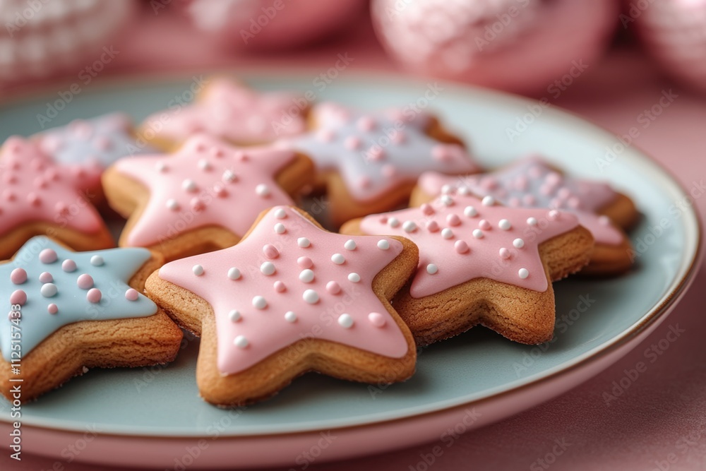 Star-shaped cookies on pastel blue plate with pink icing and sprinkles, sweet treats for festive celebration concept Star-shaped cookies on pastel blue plate with pink icing and sprinkles, sweet treats for festive celebration concept