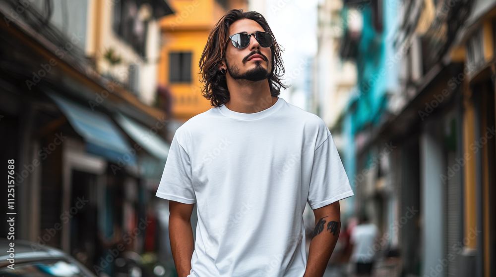 Fototapeta premium Man young and model street with city tshirt white blank and mockup wear, urban hipster with stylish fashion and trendy clothing.
