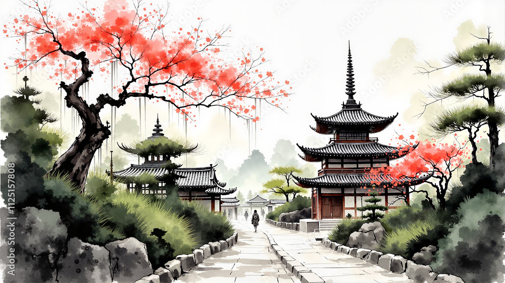 Obraz premium Serene japanese temple in spring with cherry blossoms and traditional architecture