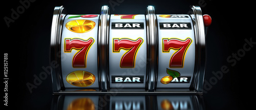 Colorful slot machine with three reels displaying 7s and BAR symbols, evoking excitement and anticipation in casino setting photo