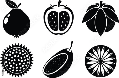 6-vector silhouette fruits icon set features a collection of fruit icons in a clean and minimalist style. Perfect for food-related projects, product labels, packaging, menus, and digital designs.  photo