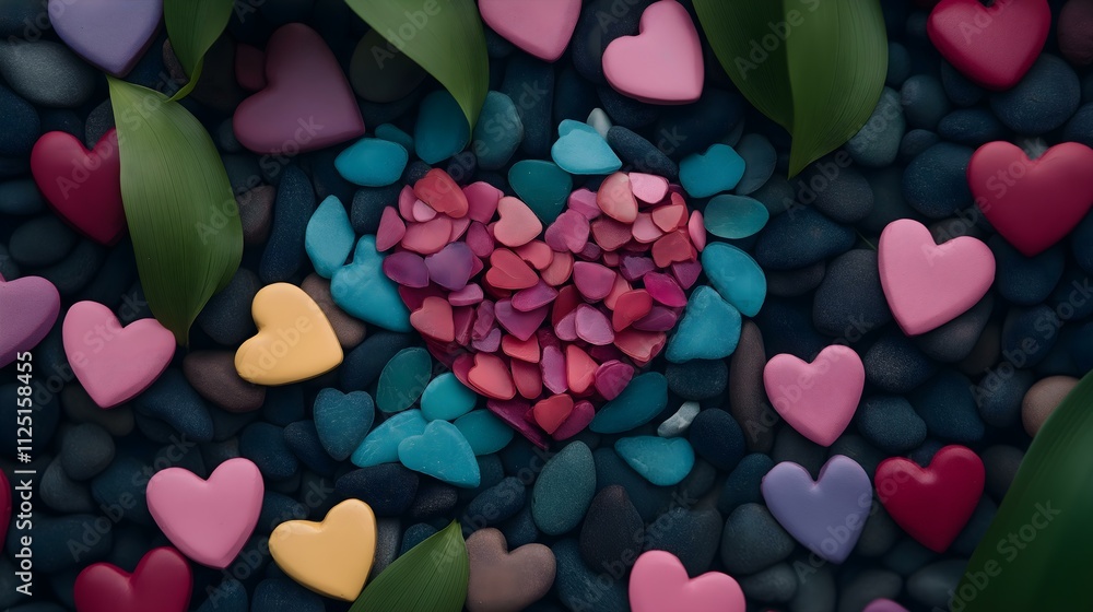 A vibrant arrangement of colorful heart-shaped stones surrounded by green leaves, creating a warm and inviting atmosphere. Perfect for themes of love, friendship, and celebration. A vibrant arrangement of colorful heart-shaped stones surrounded by green leaves, creating a warm and inviting atmosphere. Perfect for themes of love, friendship, and celebration.