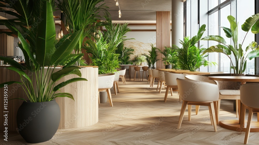 Fototapeta premium Bright cafe interior with white bar counter, wooden stools, and green plants. Modern minimal design with hanging greenery 