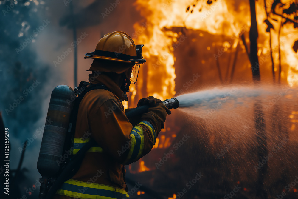 Naklejka premium A firefighter extinguishing a fire with a water hose.