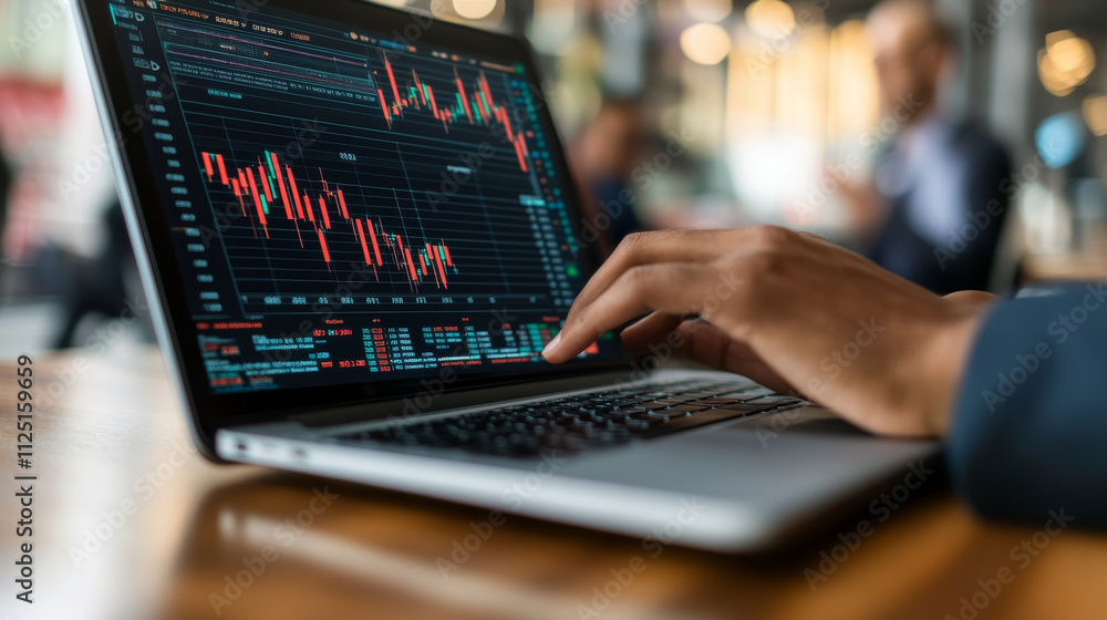 A person is analyzing stock market data on laptop, showcasing financial graphs and charts. environment suggests professional setting, emphasizing focus and investment strategies A person is analyzing stock market data on laptop, showcasing financial graphs and charts. environment suggests professional setting, emphasizing focus and investment strategies