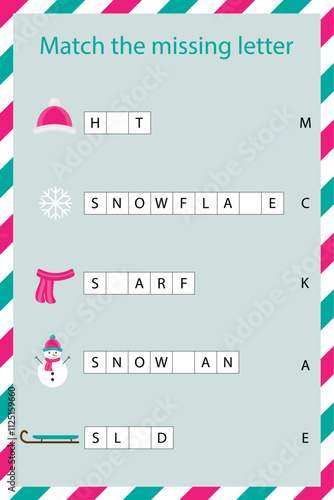 Match the missing letter, spell the word, christmas cartoon style, winter educational spelling scramble school game for the development of children, kids preschool activity, printable worksheet vector