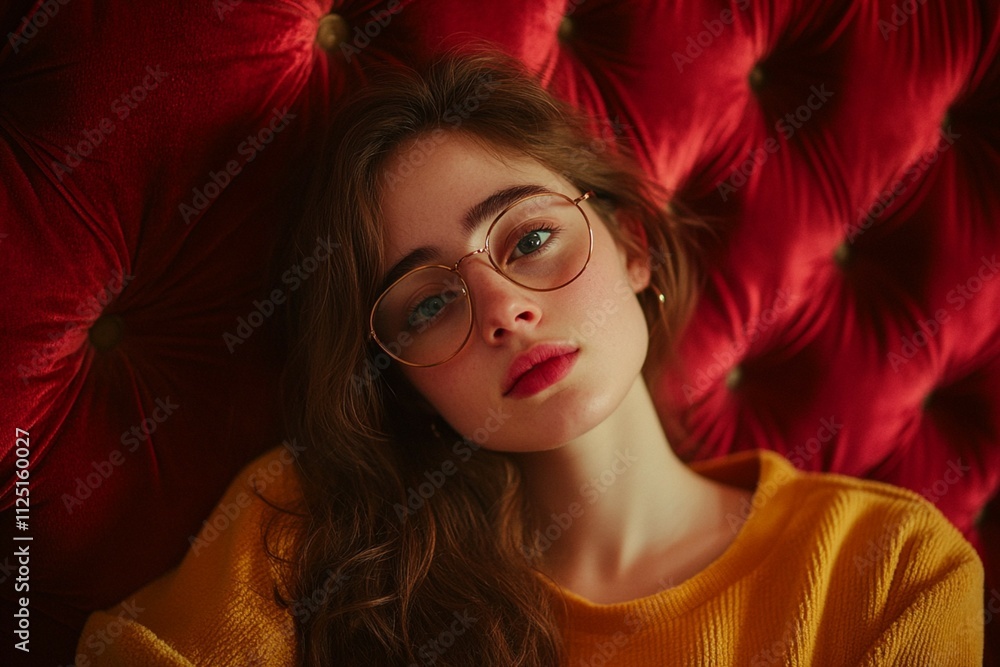 Fototapeta premium A woman with glasses relaxes on a red couch, enjoying her time in a cozy setting.