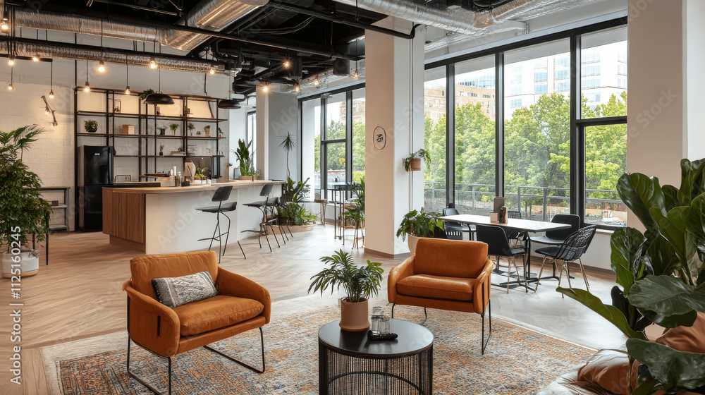 Modern office interior featuring stylish lounge area with orange chairs, wooden table, and large windows. space is bright and inviting, perfect for collaboration and relaxation Modern office interior featuring stylish lounge area with orange chairs, wooden table, and large windows. space is bright and inviting, perfect for collaboration and relaxation