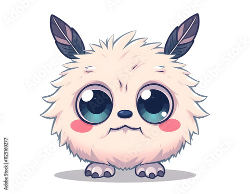 "Cute fluffy monster with large expressive eyes, feathered ears, pastel tones, and a soft glassmorphism effect with simple gradients."