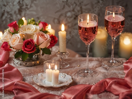 luxury evening with champagne setting with two glaRomanticsses rose petails and candles photo