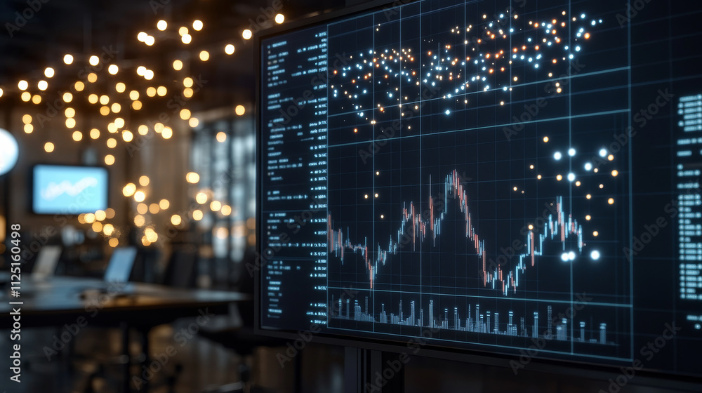 image showcases modern financial analysis setup with digital screen displaying stock market data and graphs, illuminated by ambient lights, creating dynamic and professional atmosphere image showcases modern financial analysis setup with digital screen displaying stock market data and graphs, illuminated by ambient lights, creating dynamic and professional atmosphere
