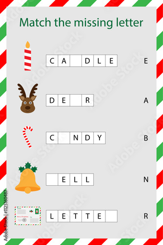 Match the missing letters, spell the word, christmas cartoon style, xmas educational spelling scramble school game for the development of children, kids preschool activity, printable worksheet vector