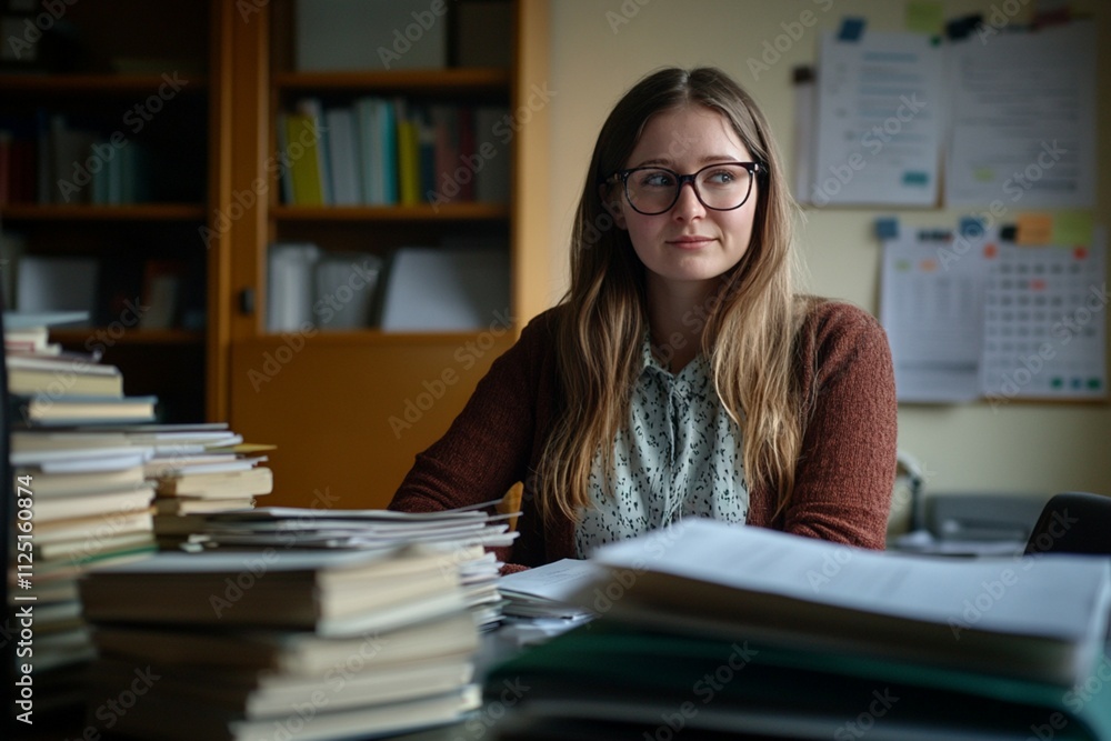 A female accountant, deeply focused on her work, with piles of files on her desk. A female accountant, deeply focused on her work, with piles of files on her desk.