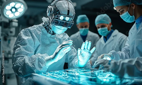 A robotic figure assists in a high-tech medical procedure.