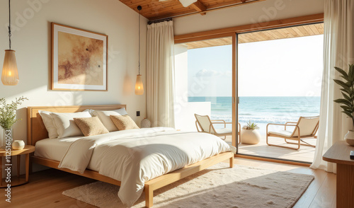 Fototapeta Naklejka Na Ścianę i Meble -  beach house bungalow inside on the coast with sea view