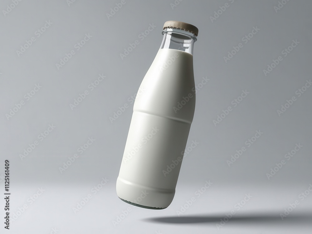 A floating glass bottle of milk, showcasing its creamy texture against a soft, neutral background. A floating glass bottle of milk, showcasing its creamy texture against a soft, neutral background.