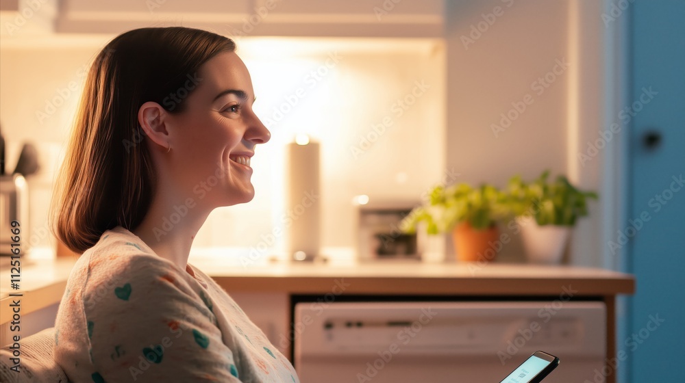 Woman is sitting in a kitchen with a cell phone in her hand Woman is sitting in a kitchen with a cell phone in her hand