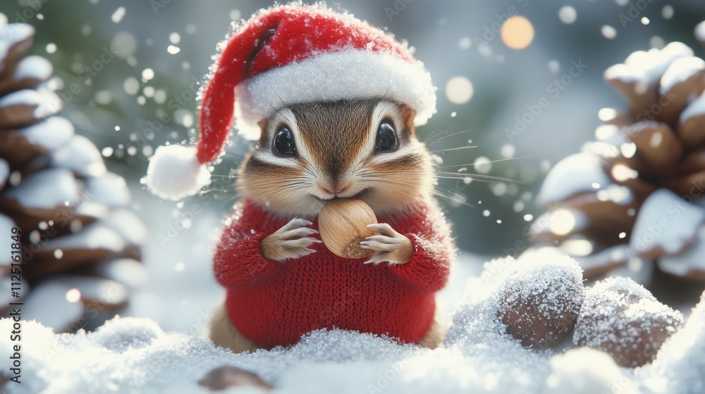 Curious Chipmunk in Bright Red Christmas Sweater with Nuts Curious Chipmunk in Bright Red Christmas Sweater with Nuts