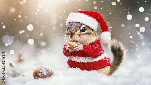 Curious Chipmunk in Red Christmas Sweater Playing in Snow photo