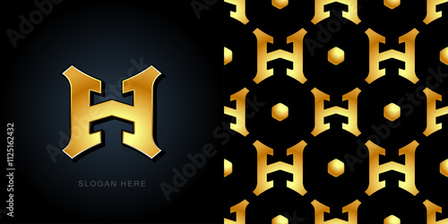 Golden letter H with an arrow on a black background. Sign or logo template. Seamless background for printing on paper, packaging, souvenirs 