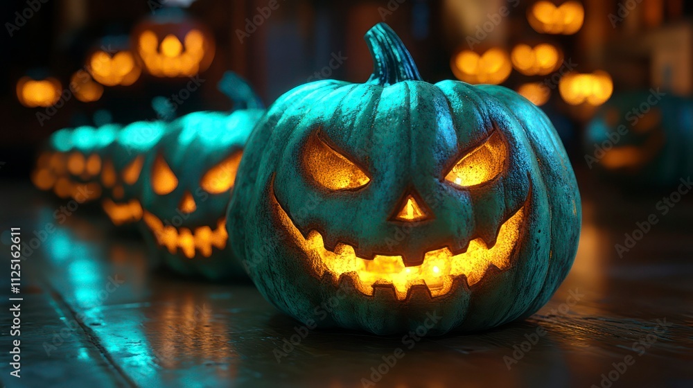 Fototapeta premium Glowing teal jack-o'-lanterns on a dark wooden surface.