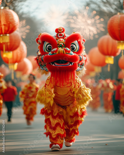 Traditional Lion Dance Celebration with Lanterns photo