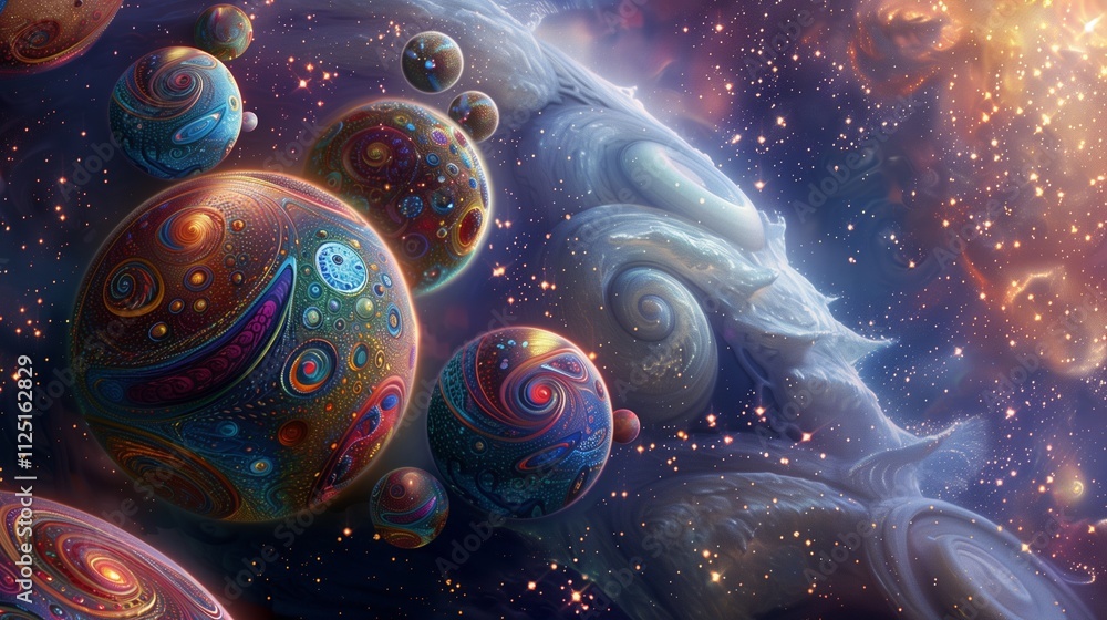 Cosmic scene with planets covered in abstract, swirling patterns, set against a backdrop of twinkling stars. Cosmic scene with planets covered in abstract, swirling patterns, set against a backdrop of twinkling stars.