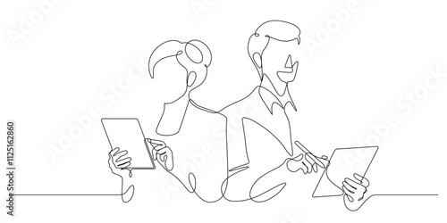 man and woman using digital tablet portrait business posing advertising one line drawing