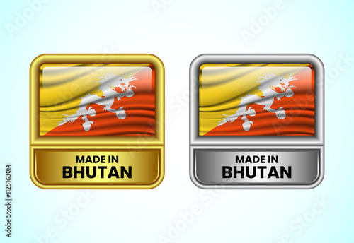 Made in Bhutan label icon in gold and silver color. Flag icon set for business