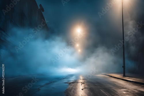 Blue dark background of empty foggy street with wet asphalt, illuminated by a searchlight, laser beams, smoke